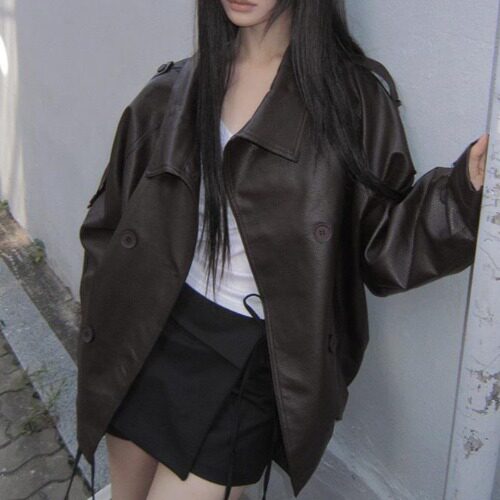 Korean vintage double-breasted stand-up collar leather jacket
