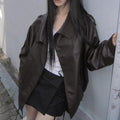 Korean vintage double-breasted stand-up collar leather jacket