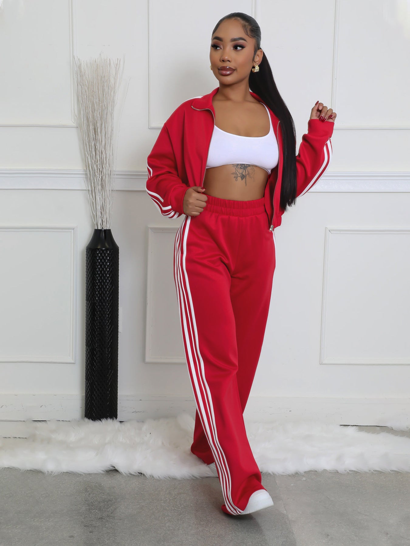 Striped Zippered Sweatshirt and Trousers Set