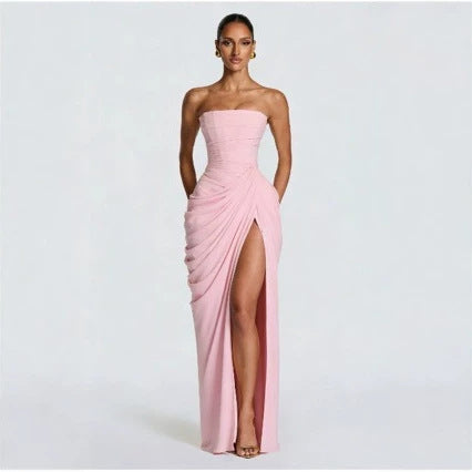 Asymmetrical Pleated Strapless Slit Dress