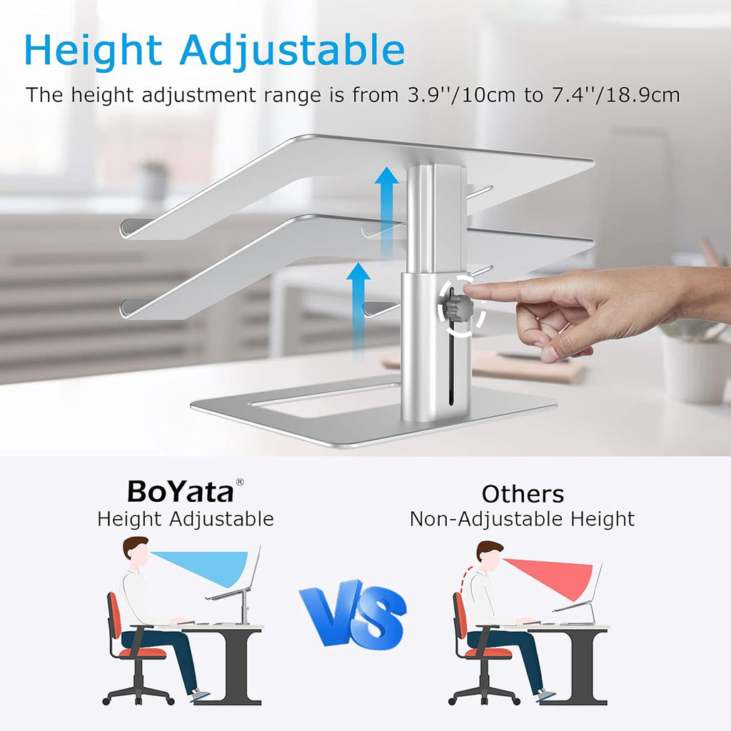 Boyata Laptop Stand, Height Adjustable Laptop Riser for 11-17" Laptops | Ergonomic Laptop Stand for Desk, Ventilated with U-Shaped Open Design, Sturdy Notebook Stand for 10-17'' Laptops, Silver