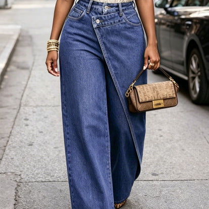 Stylish High Waisted Asymmetrical Buckle Wide Leg Pants