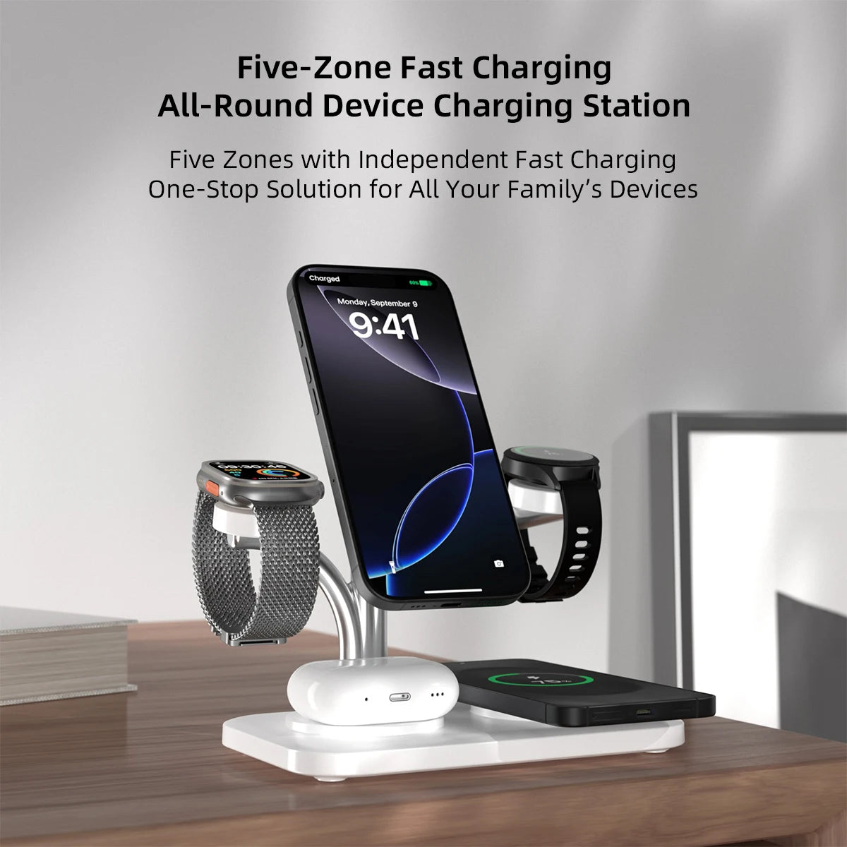 5 in 1 Magnetic Wireless Charger for Iphone 17~12 Samsung Apple/Galaxy Watch Aipods Pro/Buds Dual Phone and Watch Fast Charging