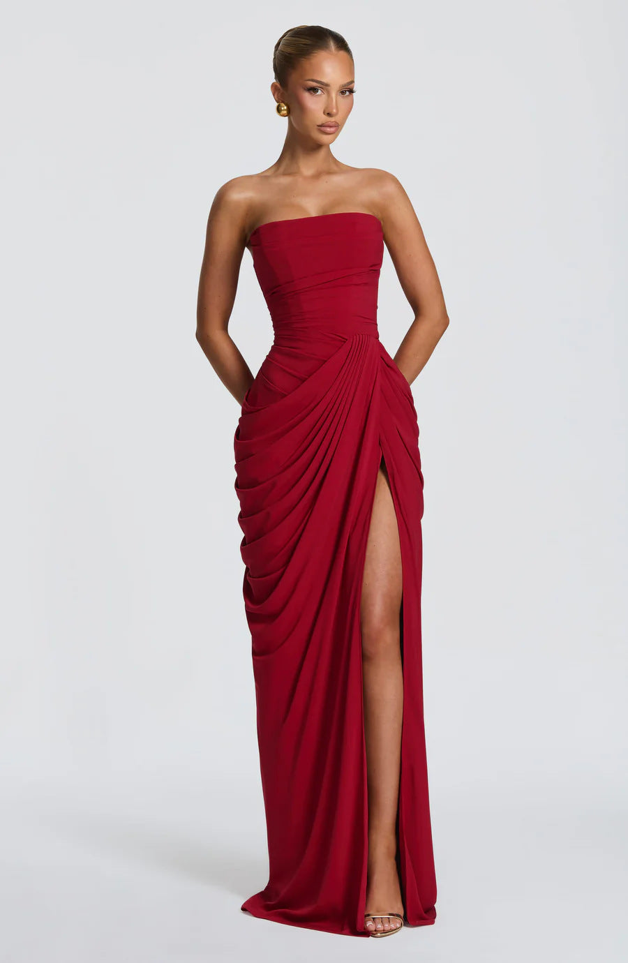 Asymmetrical Pleated Strapless Slit Dress