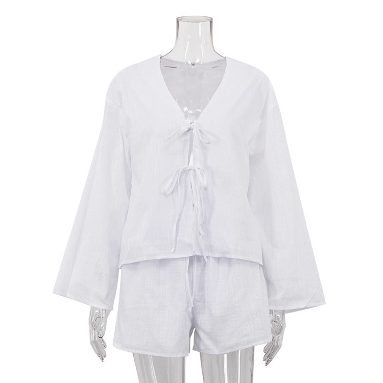 Woman's Casual Cotton Cardigan and Shorts Set