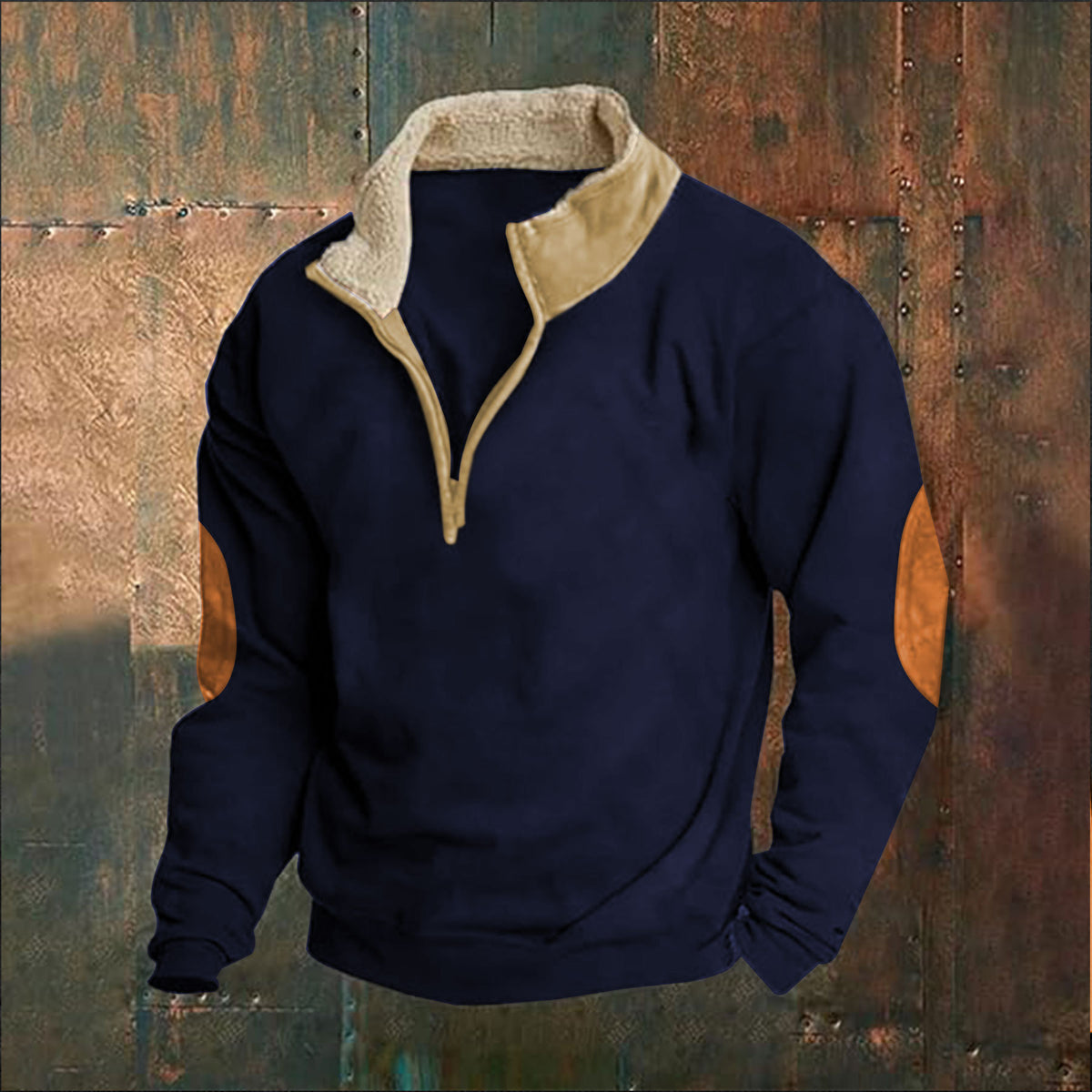 Men’s Quarter-Zip Pullover with Contrast Collar & Elbow Patches