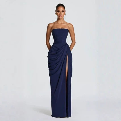 Asymmetrical Pleated Strapless Slit Dress