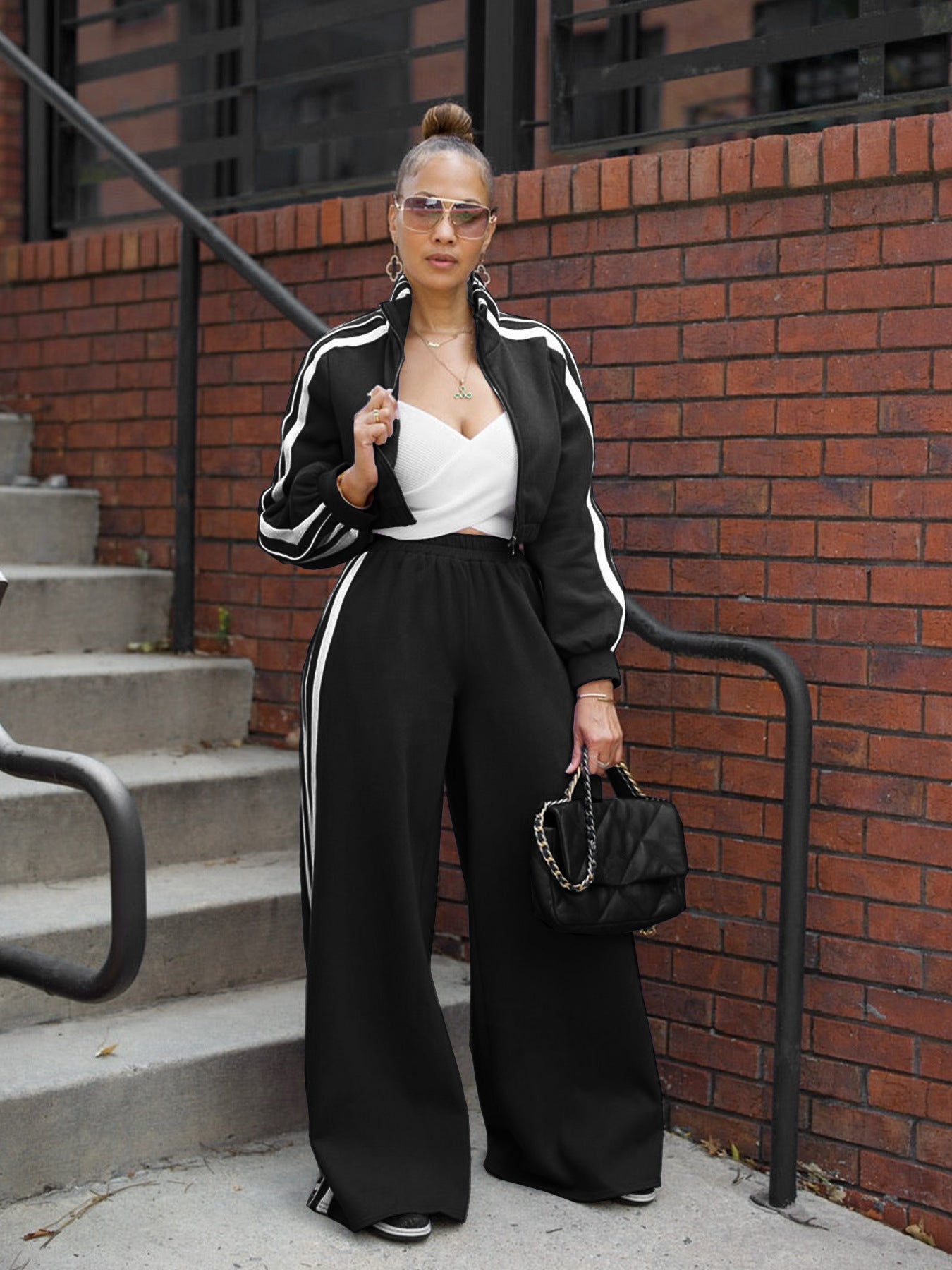 Striped Zippered Sweatshirt and Trousers Set