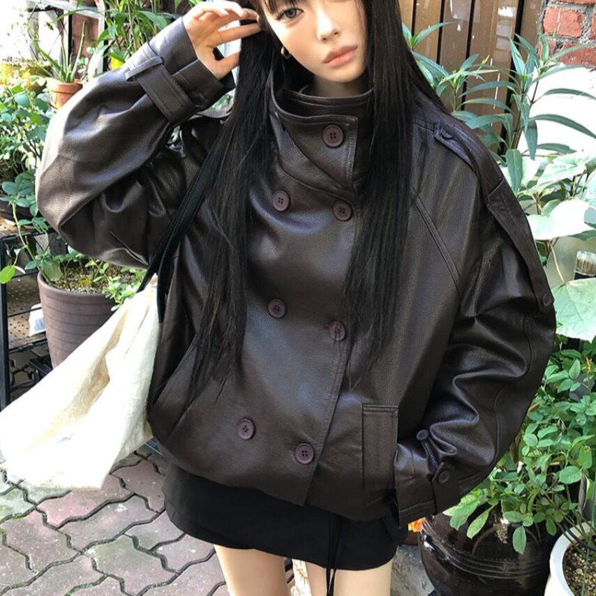 Korean vintage double-breasted stand-up collar leather jacket