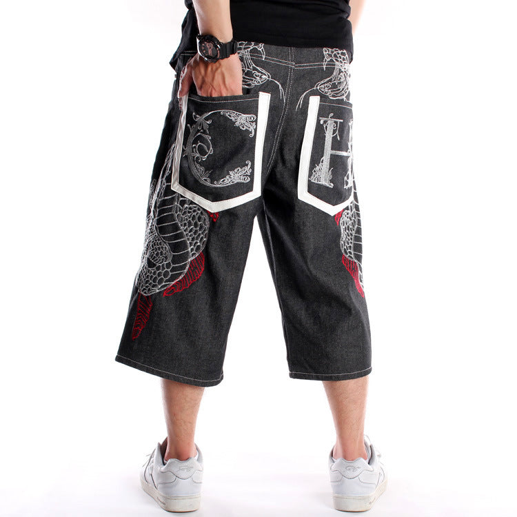 Hip-Hop Embroidered Denim Shorts for Men