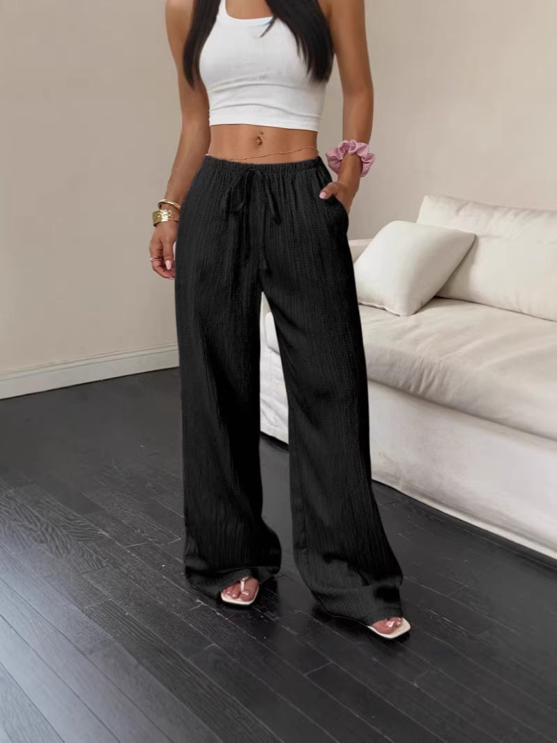 Womens Textured Knotted Waist Wide Leg Pants