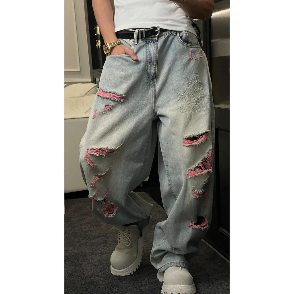 Dragon Embroidered Loose Straight Leg Jeans