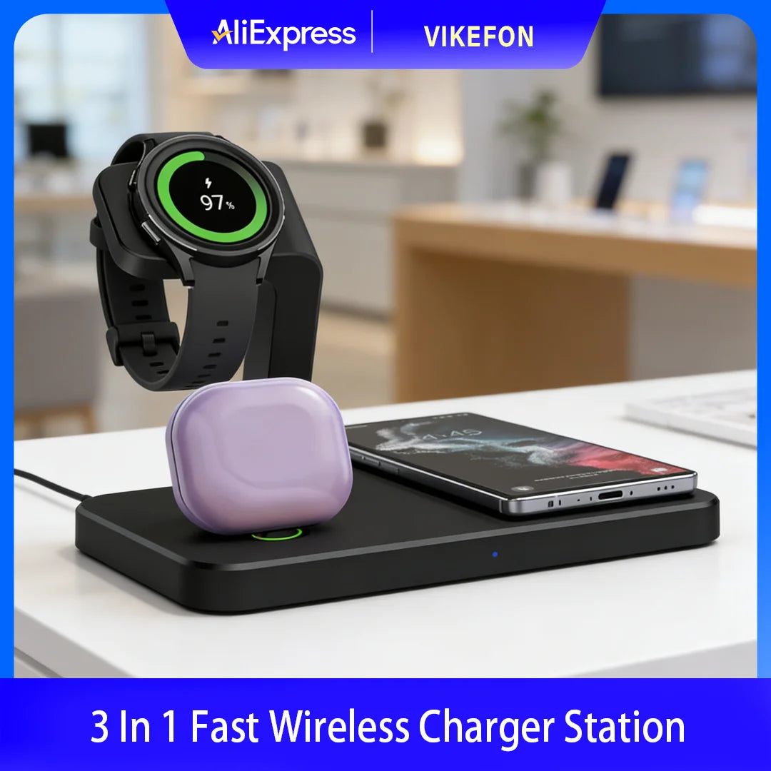 3 in 1 Wireless Charger for Samsung S25 S24 S23 for Galaxy Watch 8 7 6 5 Pro 4 3 Buds 3 Dual Type C Ports Fast Charging Station