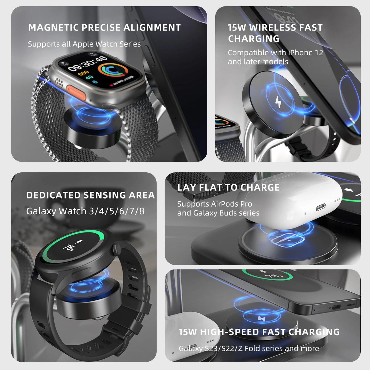 5 in 1 Magnetic Wireless Charger for Iphone 17~12 Samsung Apple/Galaxy Watch Aipods Pro/Buds Dual Phone and Watch Fast Charging