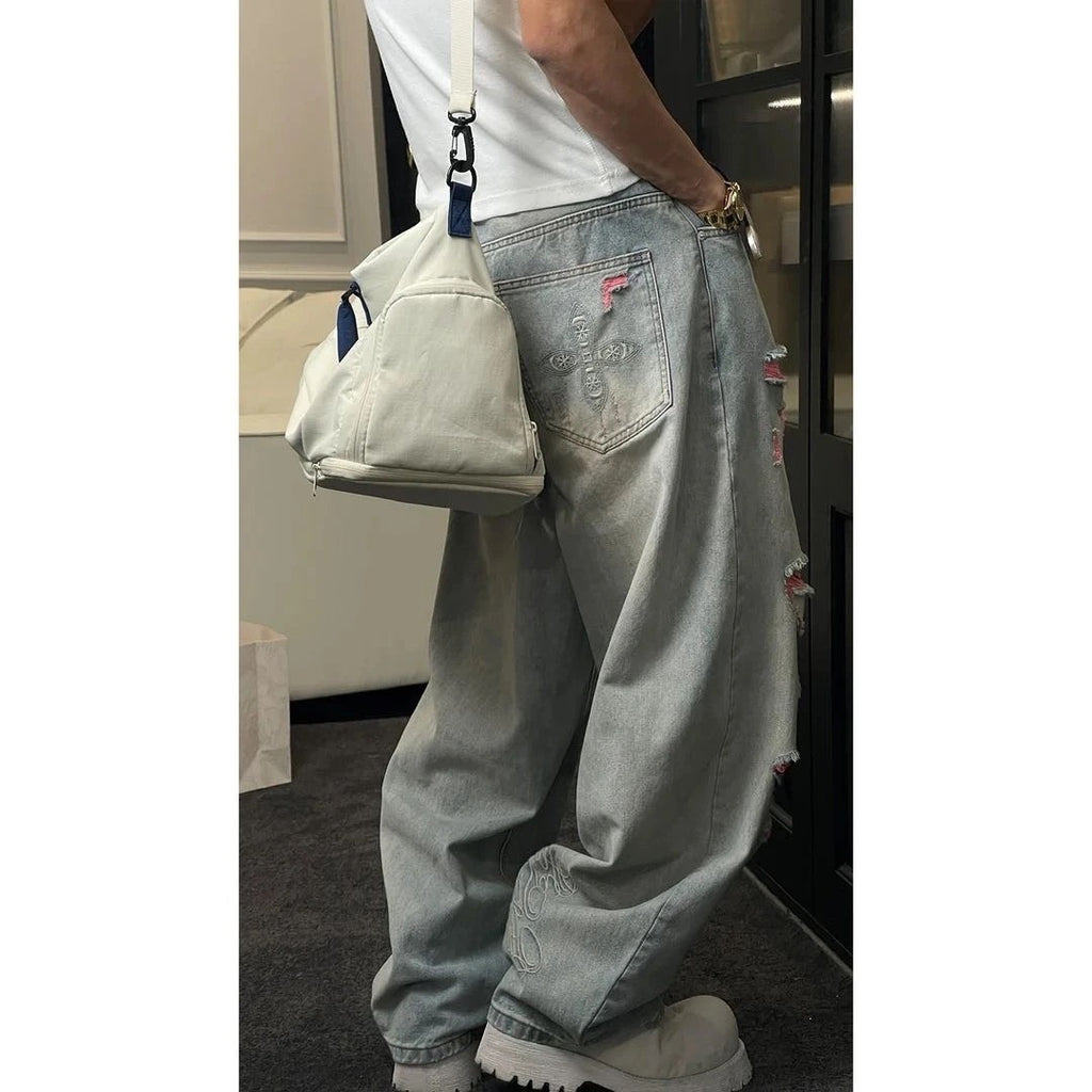 Dragon Embroidered Loose Straight Leg Jeans