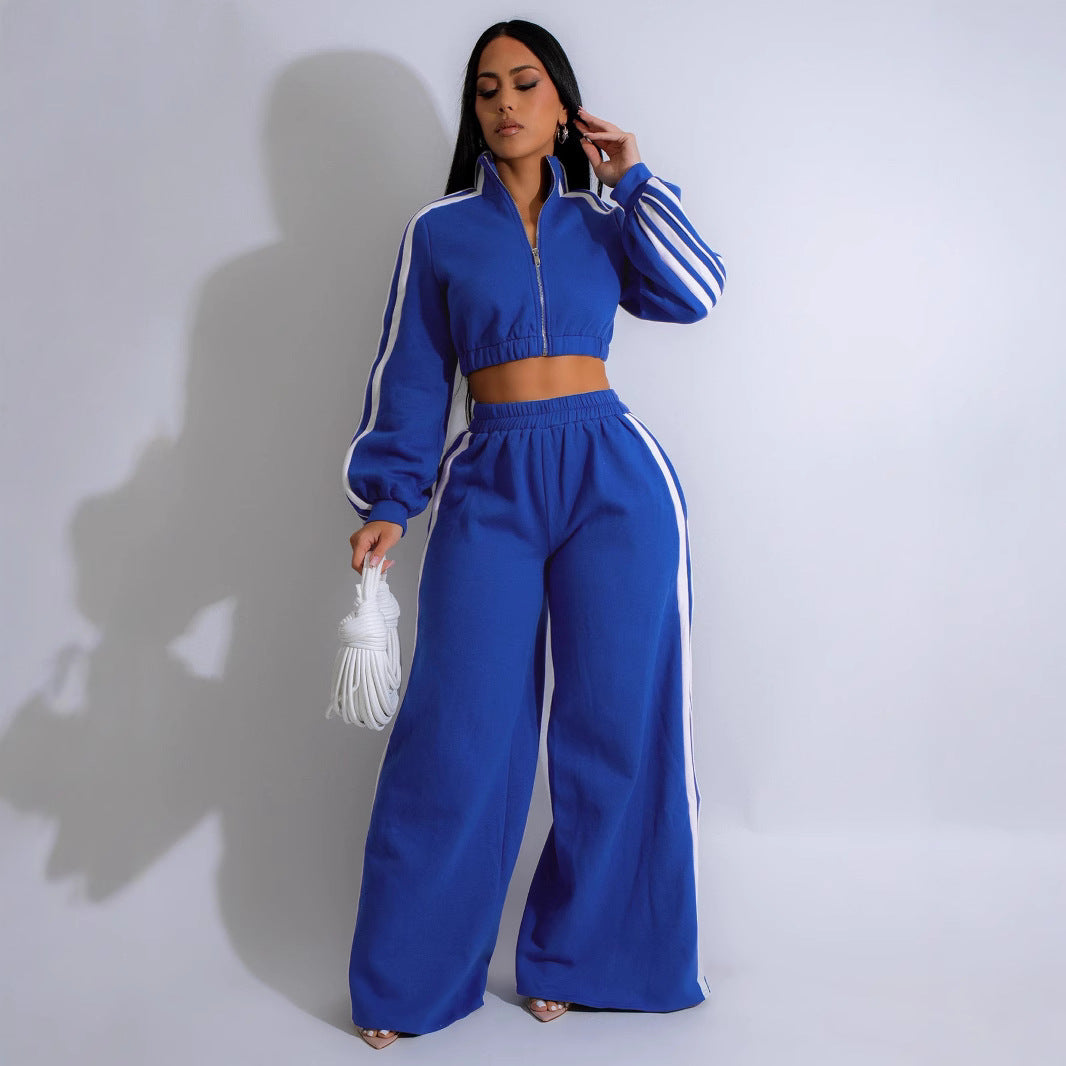 Striped Zippered Sweatshirt and Trousers Set