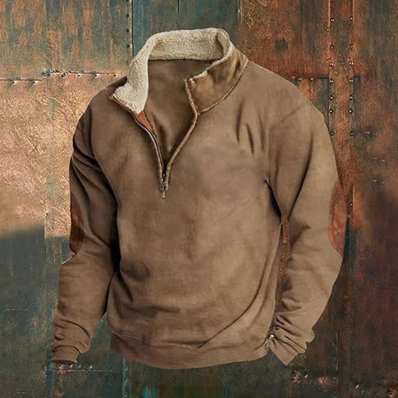 Men’s Quarter-Zip Pullover with Contrast Collar & Elbow Patches
