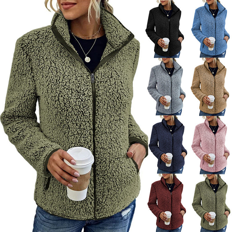 Women's Stand Collar Solid Color Zip-Up Bubble Fleece Jacket