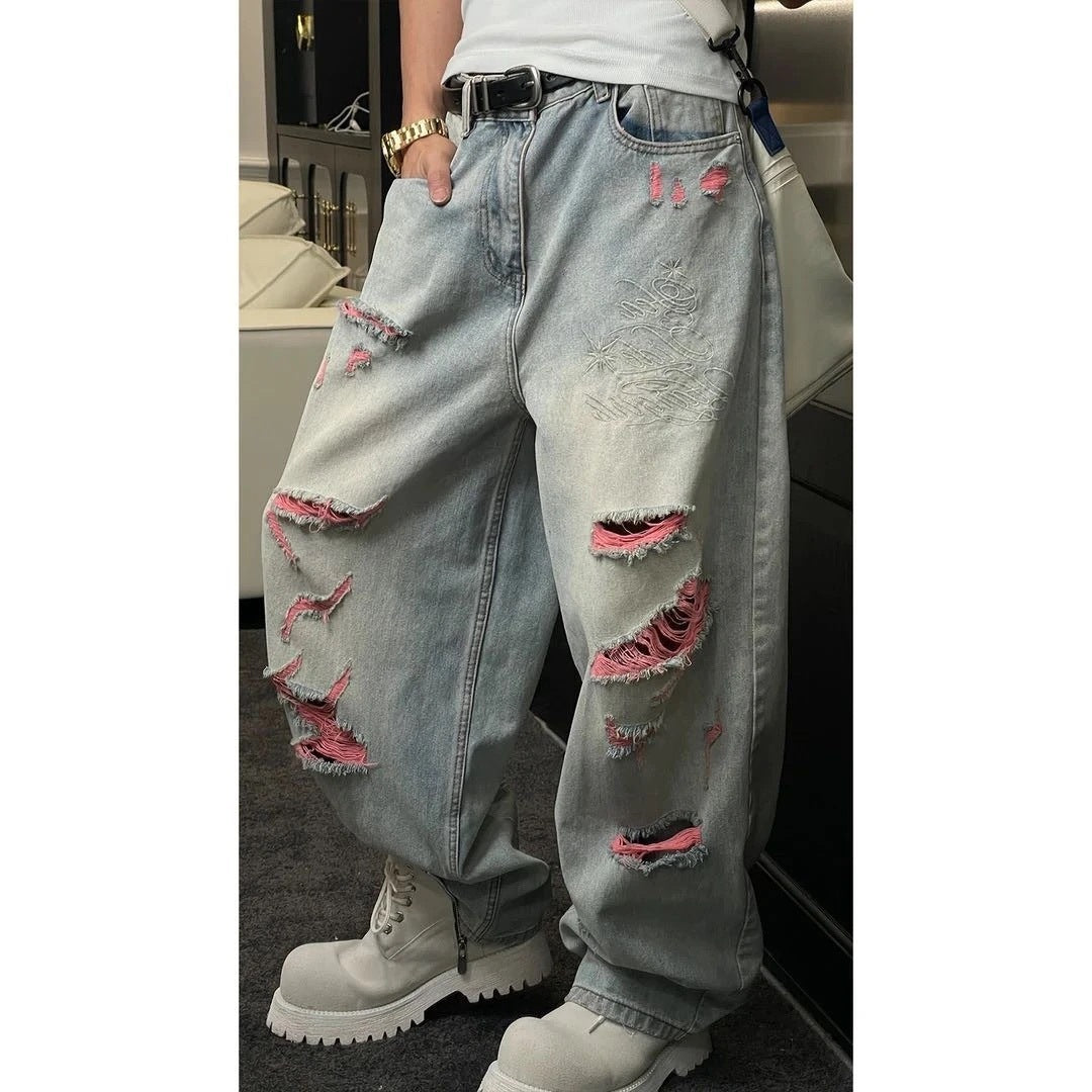 Dragon Embroidered Loose Straight Leg Jeans