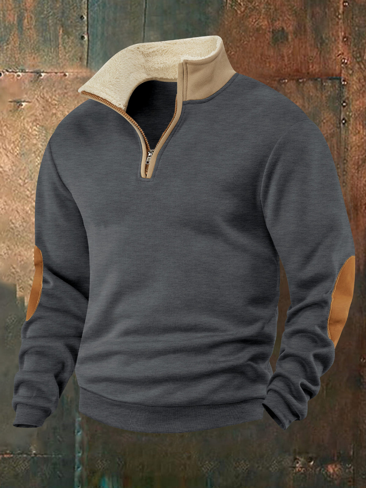 Men’s Quarter-Zip Pullover with Contrast Collar & Elbow Patches