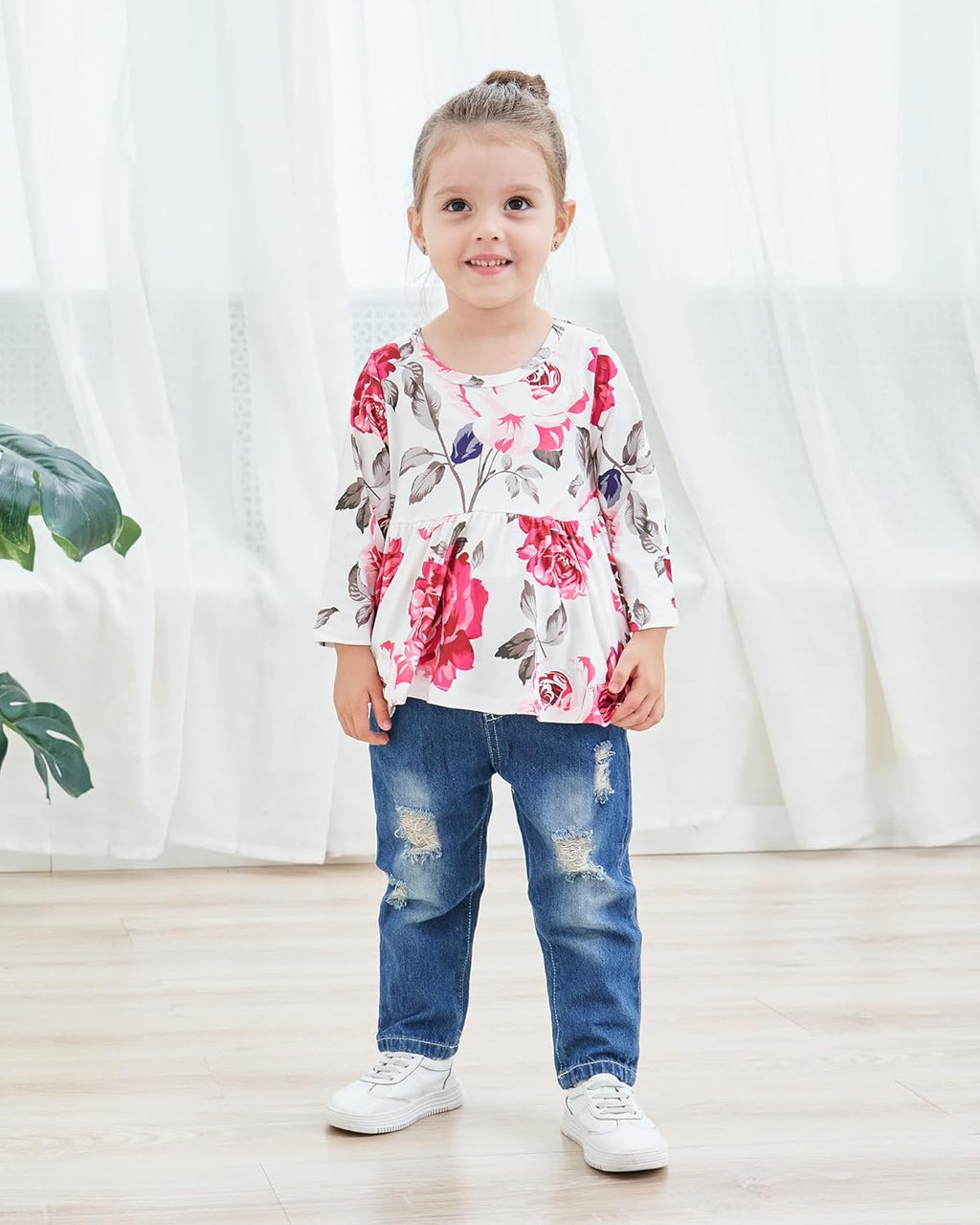 9-12 Months Toddler Girls Clothes Baby Outfit Floral Long Sleeve Shirt Tops Denim Ripped Jeans Long Pant Infant for Girls