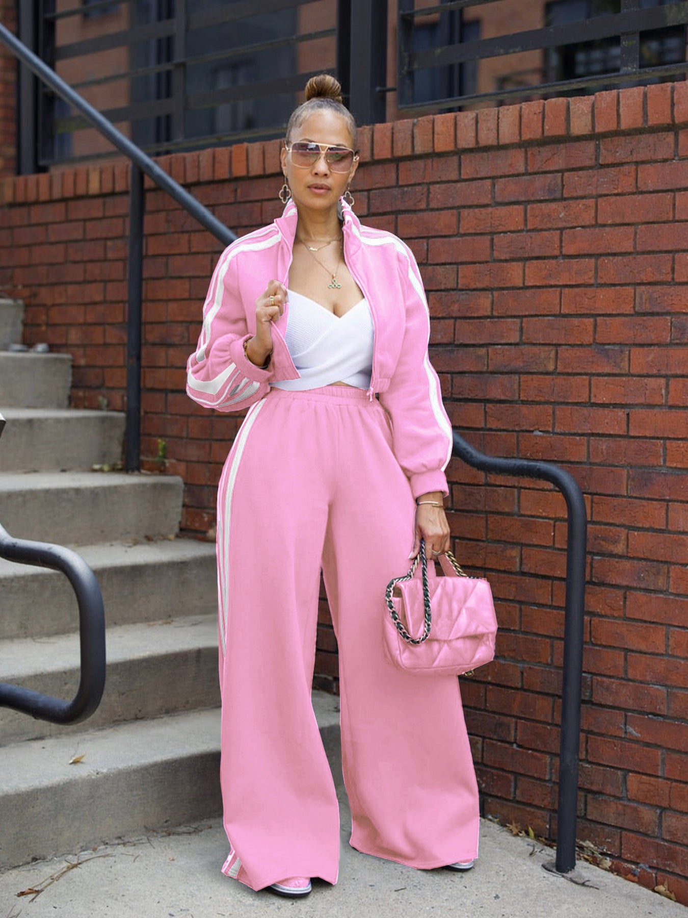 Striped Zippered Sweatshirt and Trousers Set