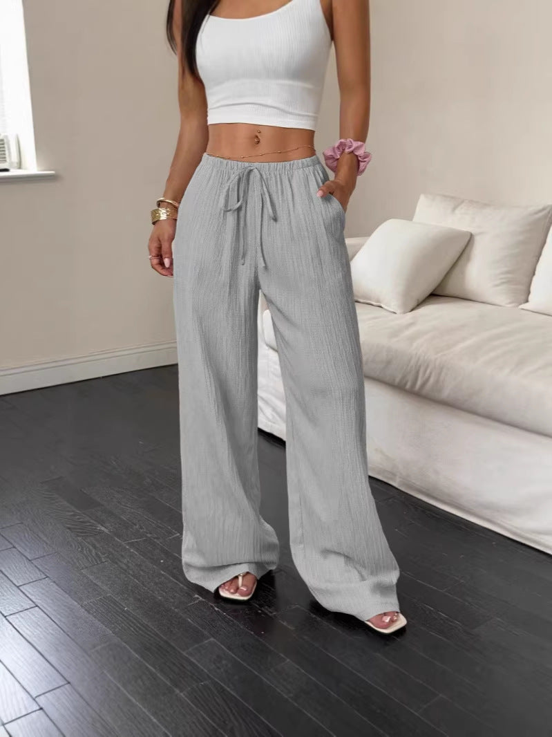 Womens Textured Knotted Waist Wide Leg Pants