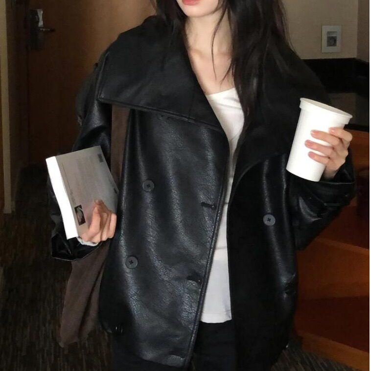 Korean vintage double-breasted stand-up collar leather jacket