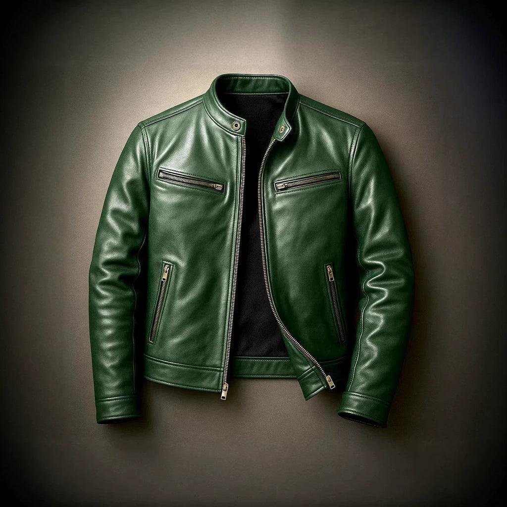 Mens PU Leather Jacket Stand Collar Slim Fit Coat