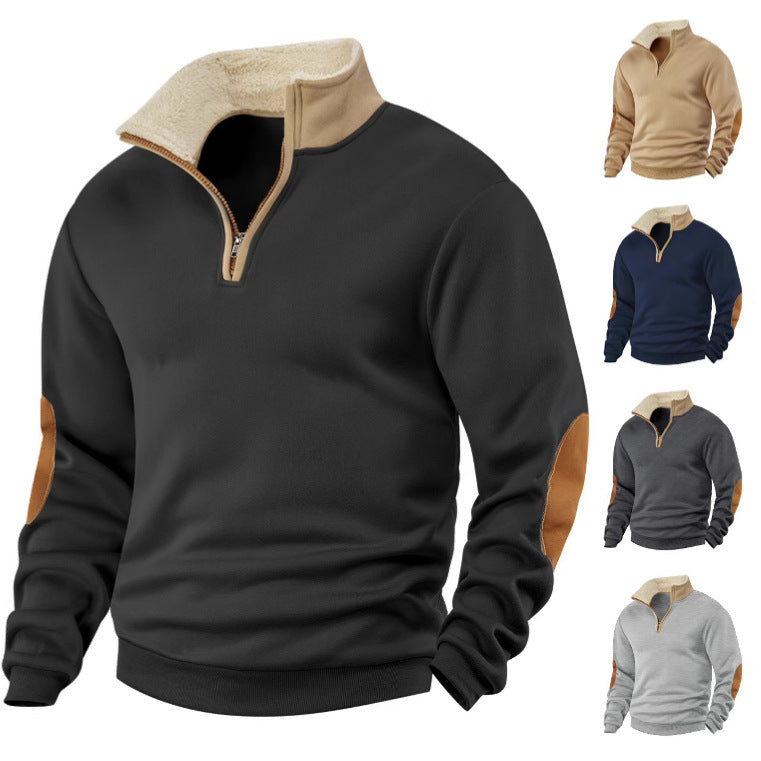 Men’s Quarter-Zip Pullover with Contrast Collar & Elbow Patches