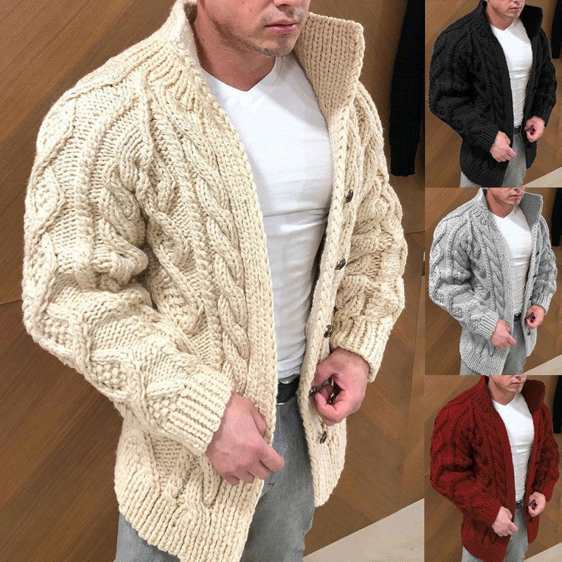 Men's Stand Collar Cable Knit Cardigan Long Sleeve Heavy-Duty Sweater