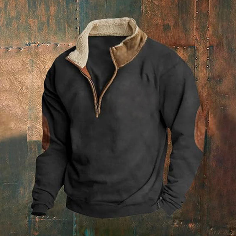 Men’s Quarter-Zip Pullover with Contrast Collar & Elbow Patches