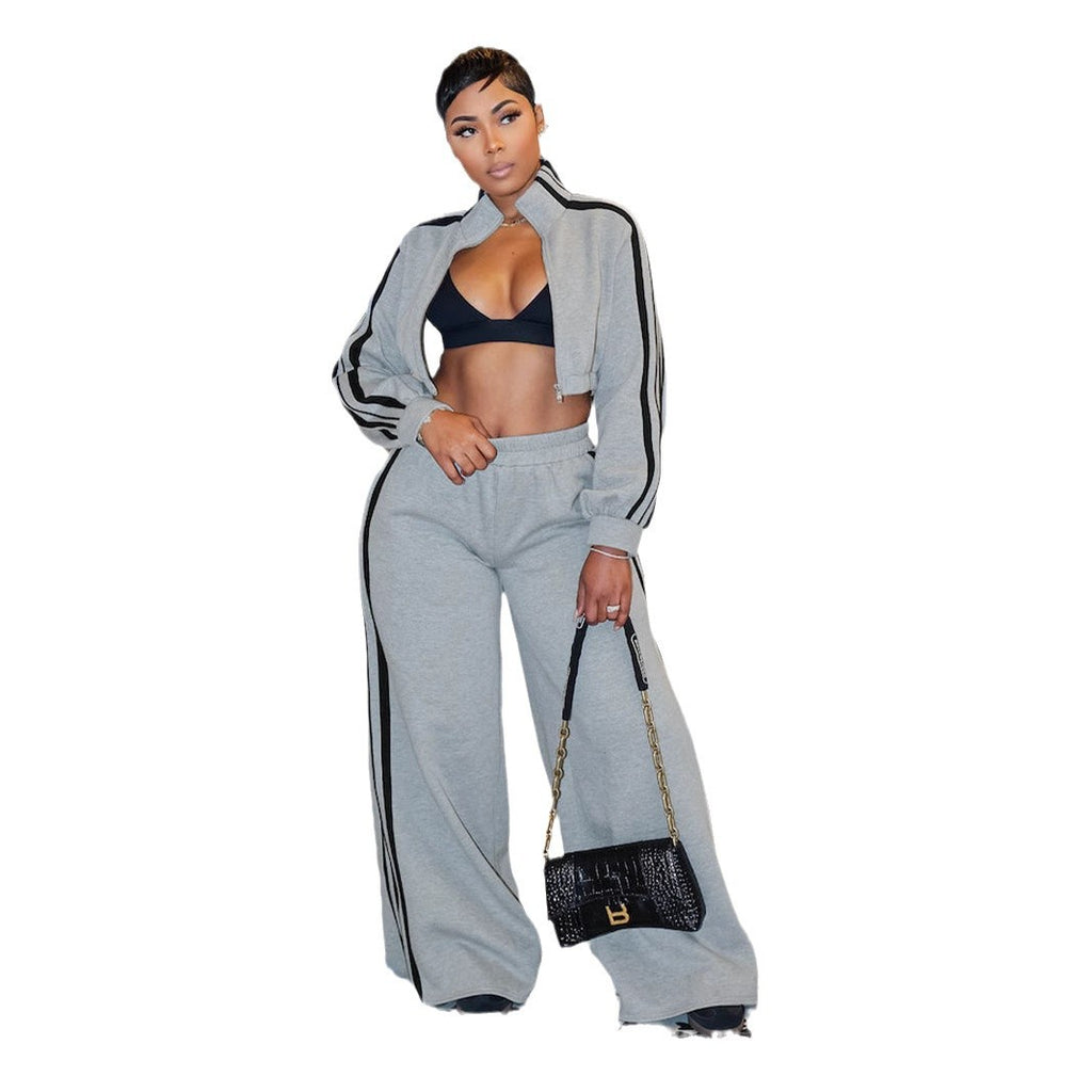 Striped Zippered Sweatshirt and Trousers Set