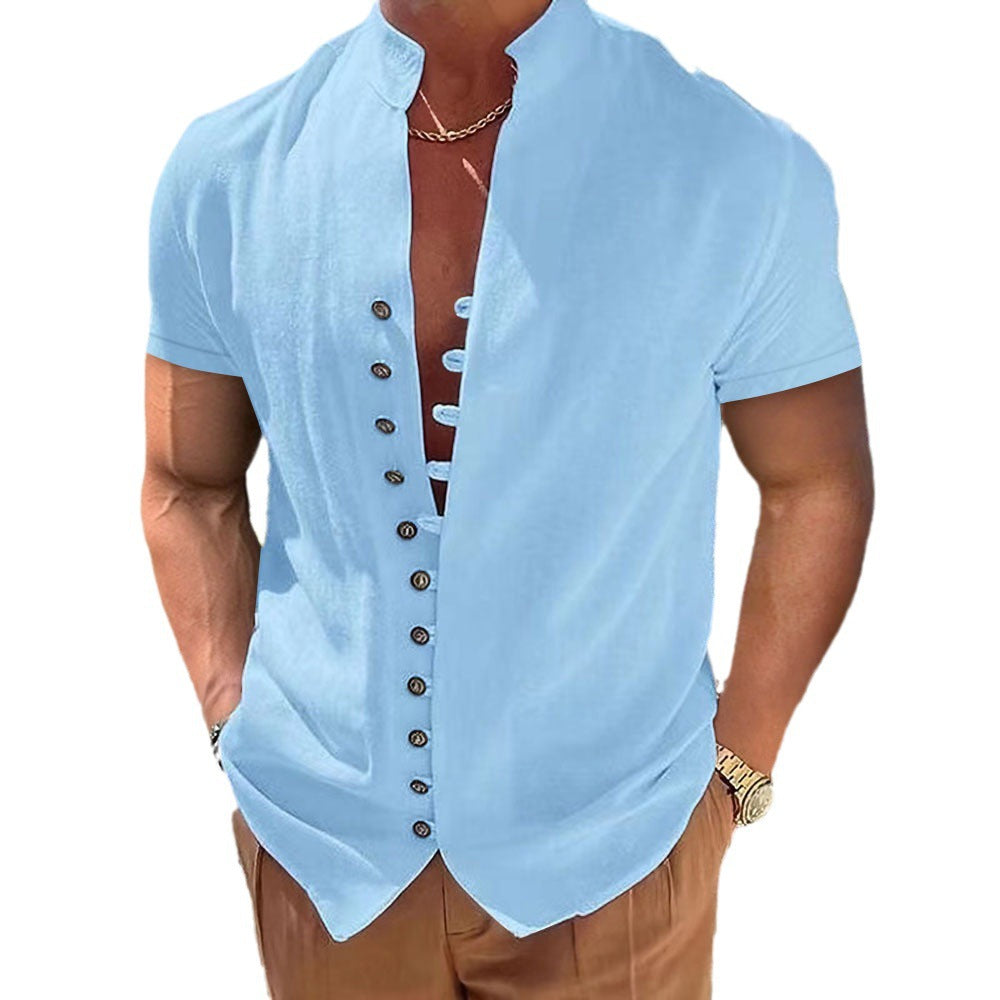 Mens Cotton Linen Stand Collar Short Sleeve Shirt