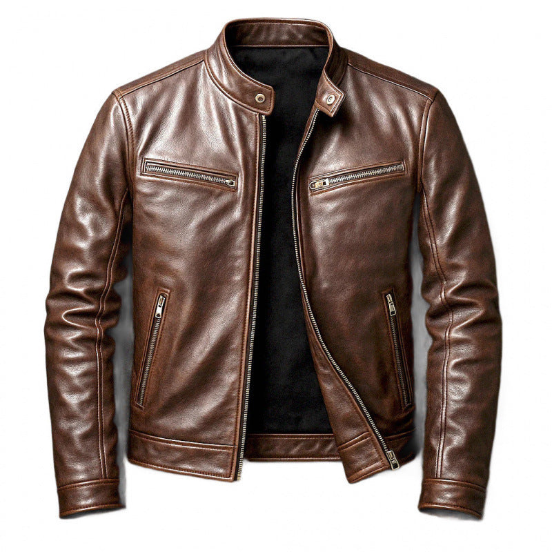 Mens PU Leather Jacket Stand Collar Slim Fit Coat