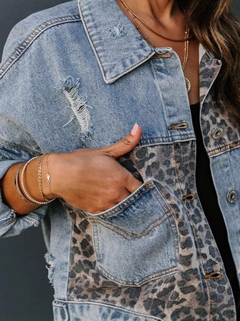Women's Leopard Print Stitching Long Sleeve Denim Coat