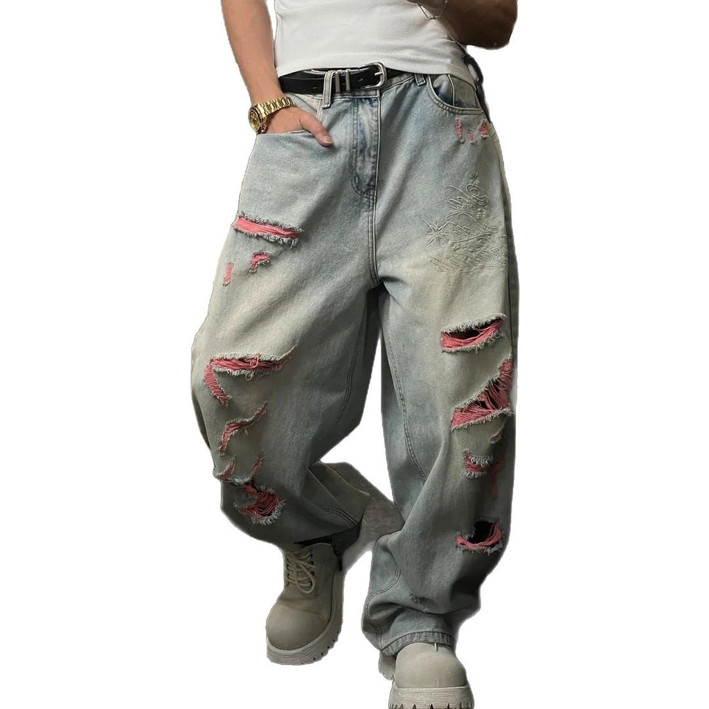 Dragon Embroidered Loose Straight Leg Jeans