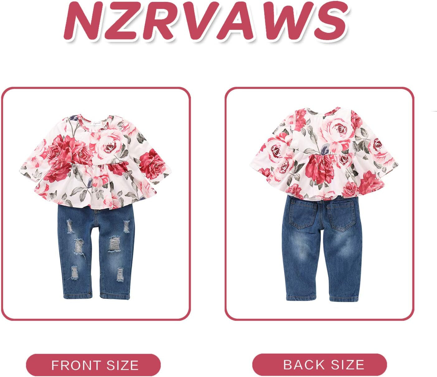 9-12 Months Toddler Girls Clothes Baby Outfit Floral Long Sleeve Shirt Tops Denim Ripped Jeans Long Pant Infant for Girls