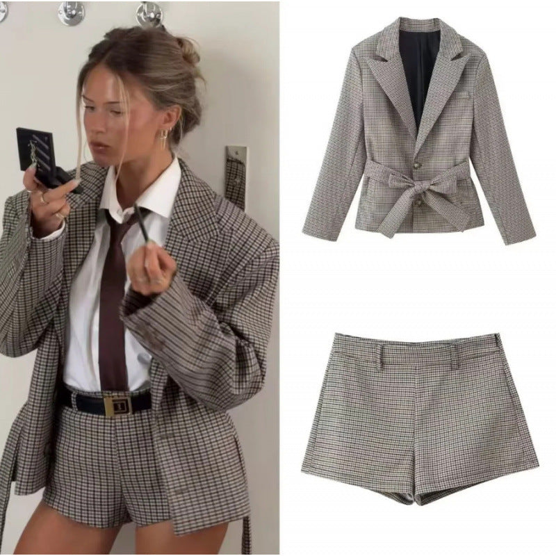 Plaid Lapel Blazer and Shorts Set
