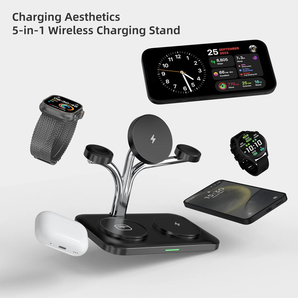5 in 1 Magnetic Wireless Charger for Iphone 17~12 Samsung Apple/Galaxy Watch Aipods Pro/Buds Dual Phone and Watch Fast Charging