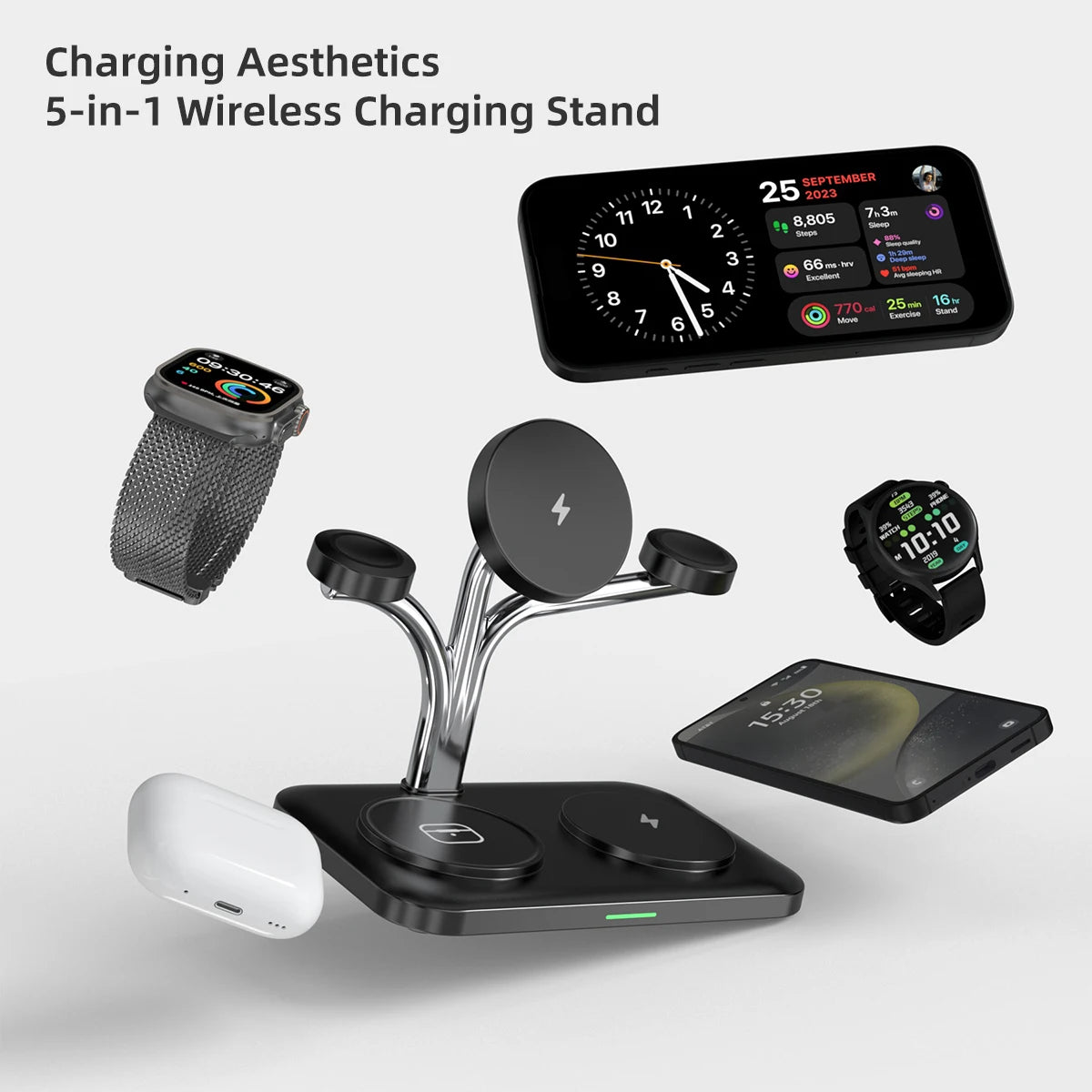 5 in 1 Magnetic Wireless Charger for Iphone 17~12 Samsung Apple/Galaxy Watch Aipods Pro/Buds Dual Phone and Watch Fast Charging