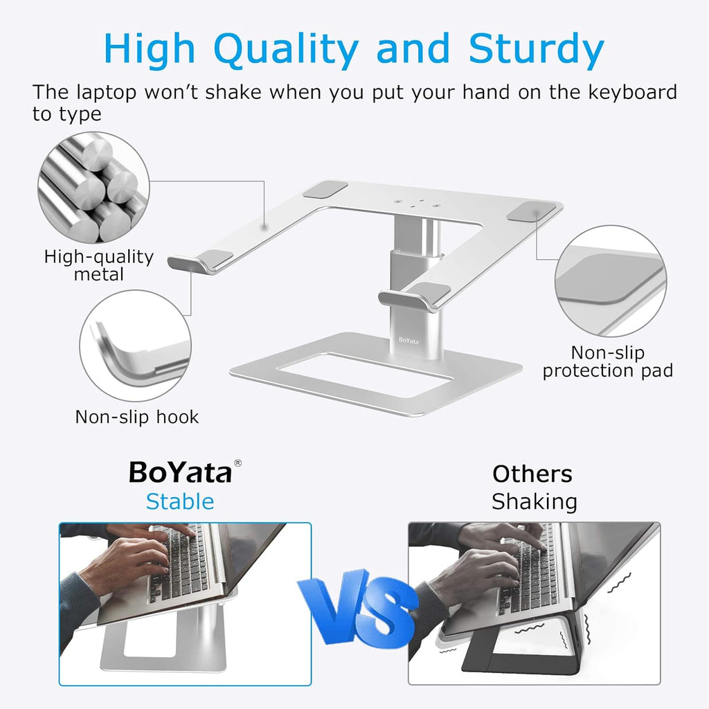 Boyata Laptop Stand, Height Adjustable Laptop Riser for 11-17" Laptops | Ergonomic Laptop Stand for Desk, Ventilated with U-Shaped Open Design, Sturdy Notebook Stand for 10-17'' Laptops, Silver