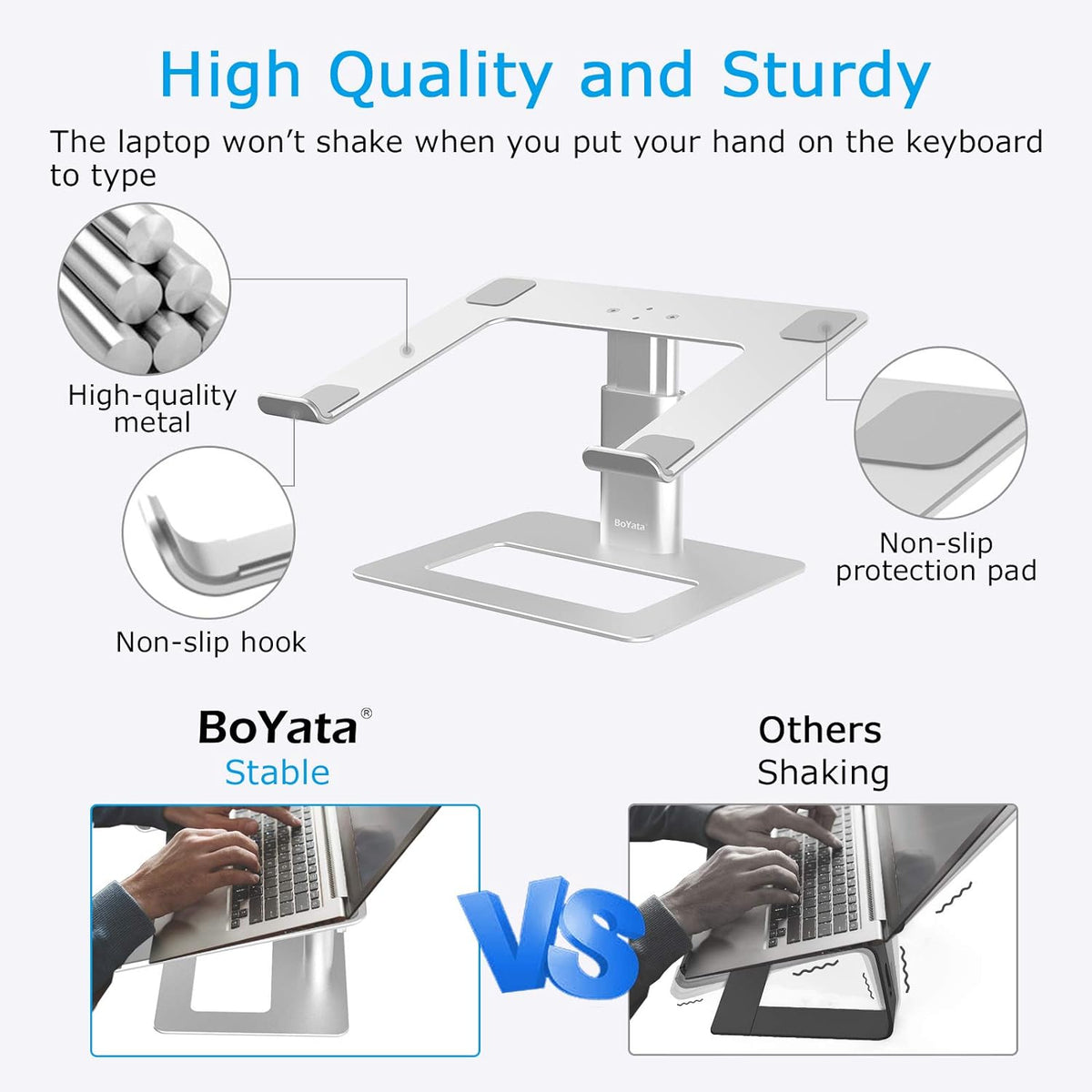 Boyata Laptop Stand, Height Adjustable Laptop Riser for 11-17" Laptops | Ergonomic Laptop Stand for Desk, Ventilated with U-Shaped Open Design, Sturdy Notebook Stand for 10-17'' Laptops, Silver