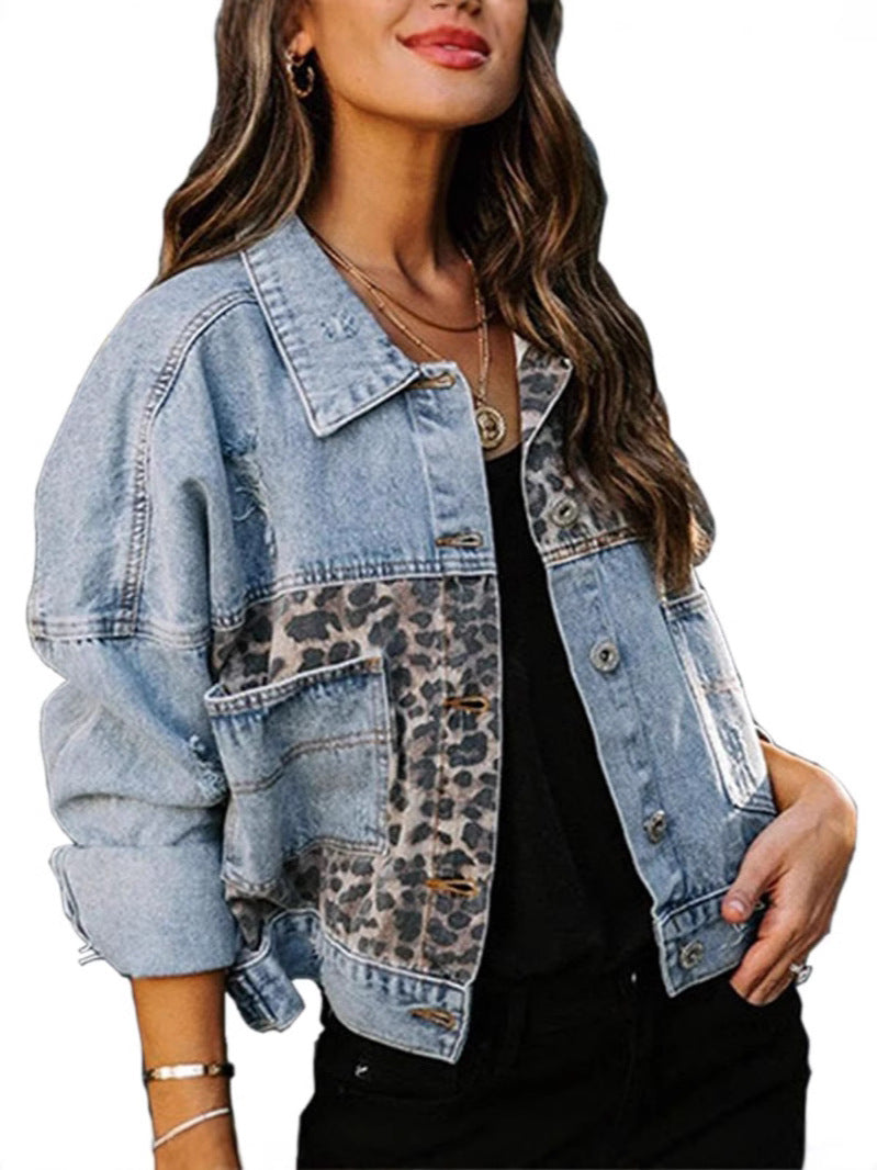 Women's Leopard Print Stitching Long Sleeve Denim Coat