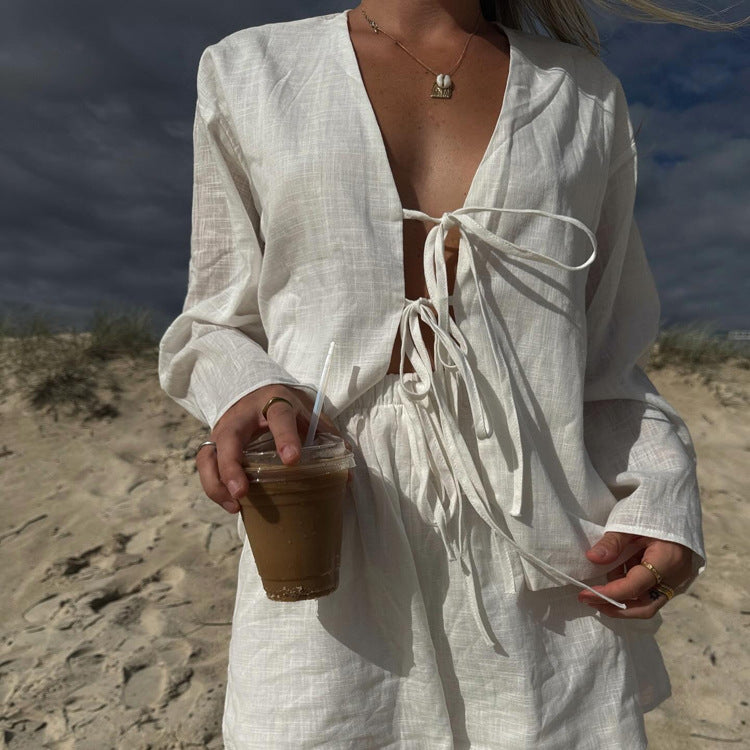 Woman's Casual Cotton Cardigan and Shorts Set
