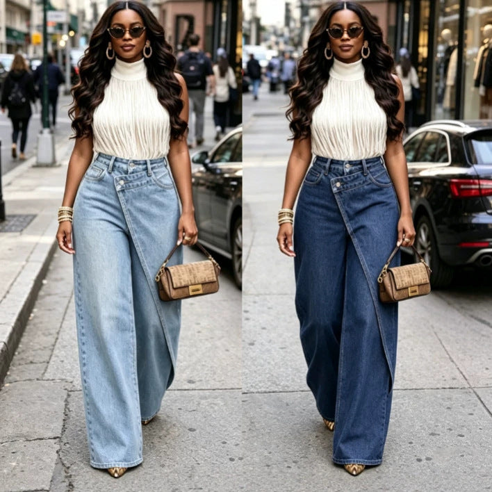Stylish High Waisted Asymmetrical Buckle Wide Leg Pants