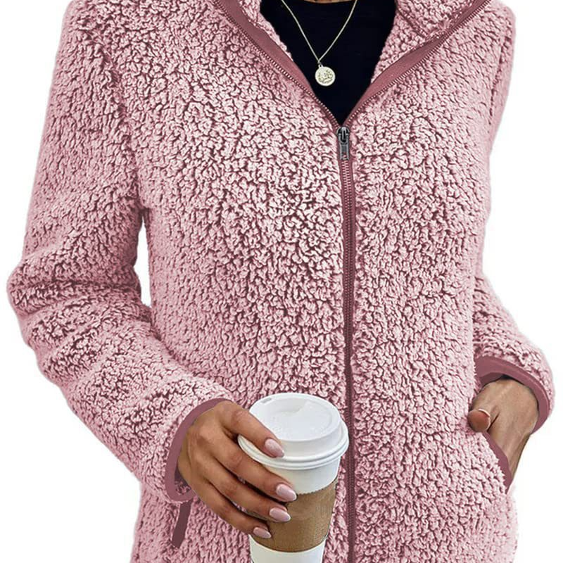 Women's Stand Collar Solid Color Zip-Up Bubble Fleece Jacket