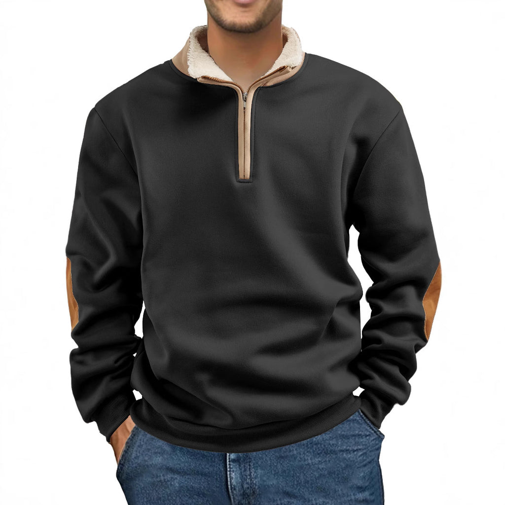 Men’s Quarter-Zip Pullover with Contrast Collar & Elbow Patches