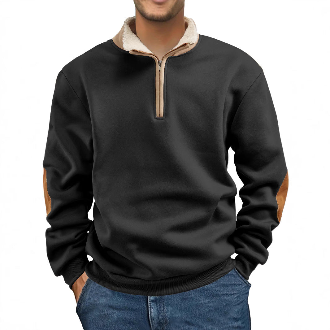 Men’s Quarter-Zip Pullover with Contrast Collar & Elbow Patches