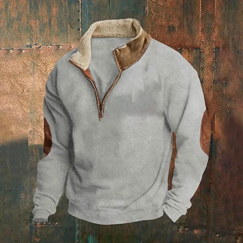 Men’s Quarter-Zip Pullover with Contrast Collar & Elbow Patches